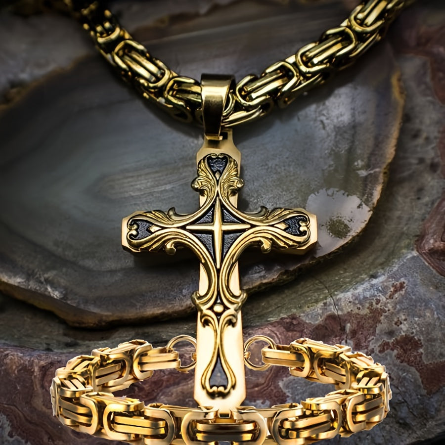 Men Stainless Steel Cross Necklace Set 2pcs Cuban Chain with Cross Pendant Retro Fashion Jewelry for Men