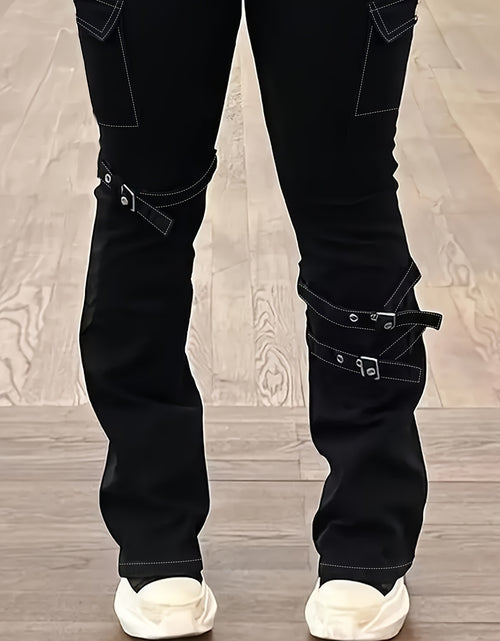 Load image into Gallery viewer, Plus Size Women American Retro Street Jeans - Solid Black Detachable Lace-Up Flap Side Pockets, Bootcut High Waist, Mature Comfortable Fashion Outfit
