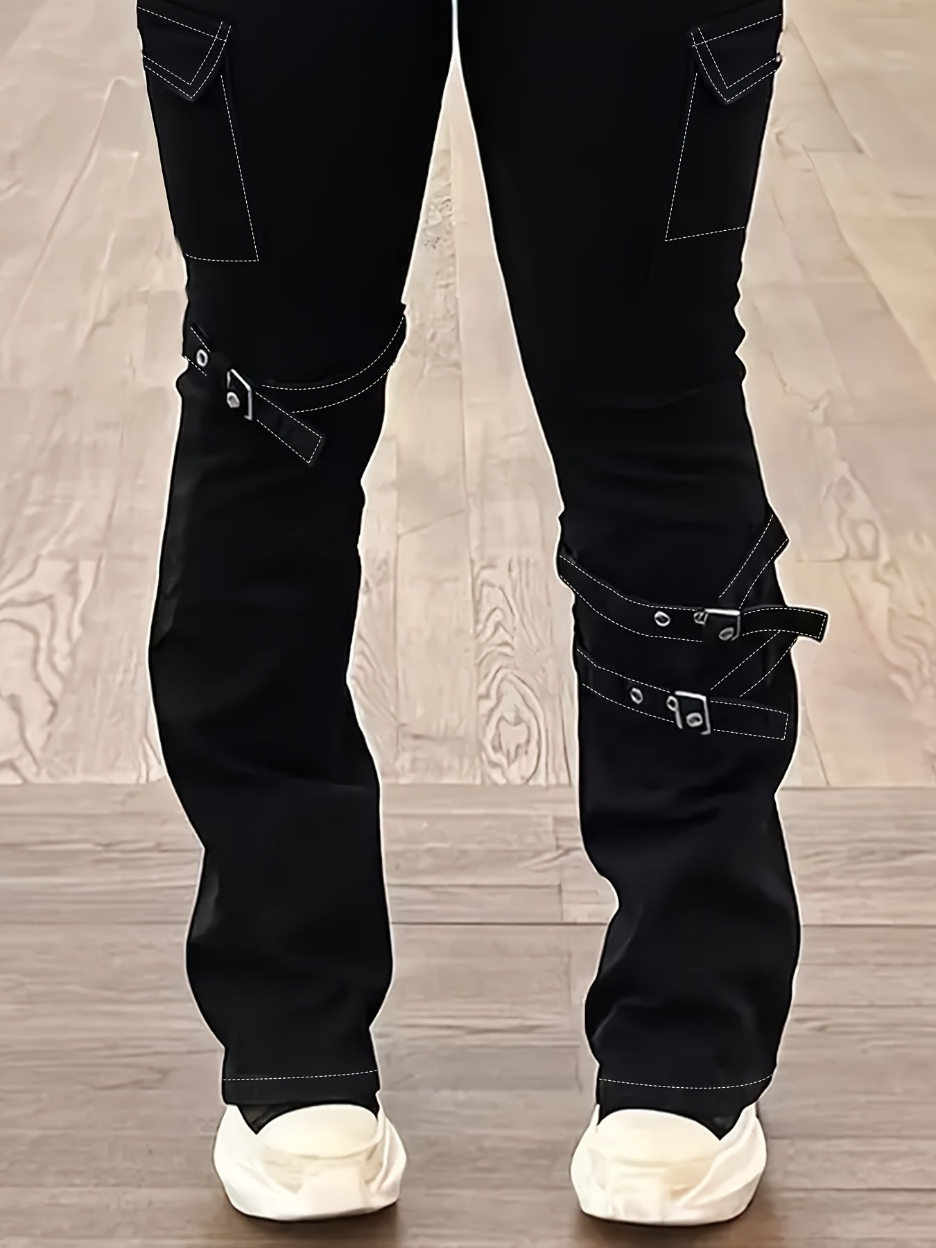 Plus Size Women American Retro Street Jeans - Solid Black Detachable Lace-Up Flap Side Pockets, Bootcut High Waist, Mature Comfortable Fashion Outfit