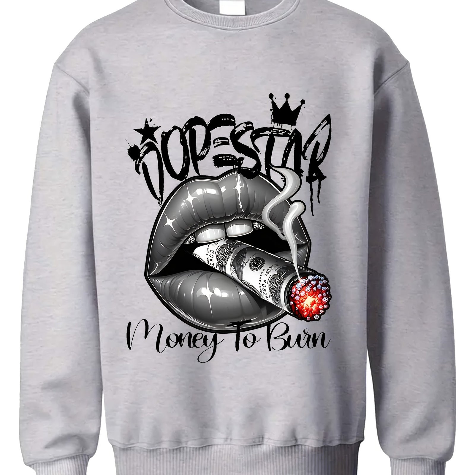 Single-sided Printing Round Neck Sweater, Money Burning Graphic Printing Retro Sweater, Loose Casual, Autumn And Winter Comfortable Wearing Sweater For Men
