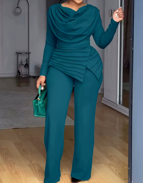 Load image into Gallery viewer, Plus Size - Women Plus Size Two-Piece Set - Cinched Waist Top &amp; Flared Pants, Solid Color, Asymmetrical Design, Casual Style, Crew Neck, Slight Stretch Fabric
