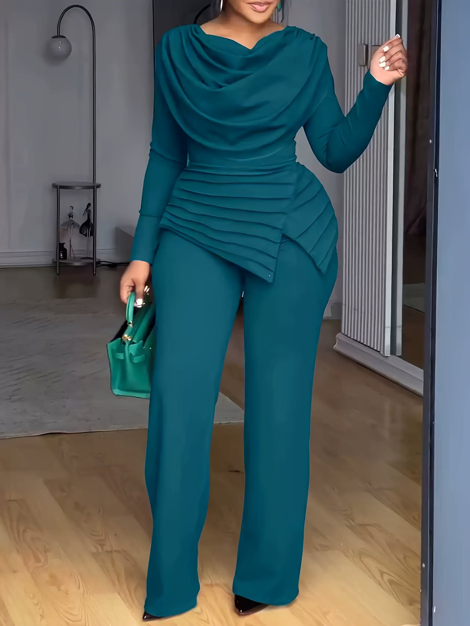 Plus Size - Women Plus Size Two-Piece Set - Cinched Waist Top & Flared Pants, Solid Color, Asymmetrical Design, Casual Style, Crew Neck, Slight Stretch Fabric