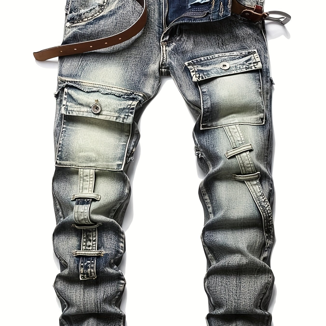 Men  Biker Moto Washed Distressed Slim Fit Straight Jeans Denim
