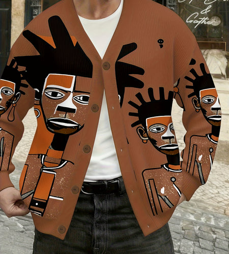 Men Fashion V-Neck Knitted Cardigan with Tribal Portrait Pattern Print, Lightweight Jacket, Casual And Warm Long Sleeves, Trendy And Versatile