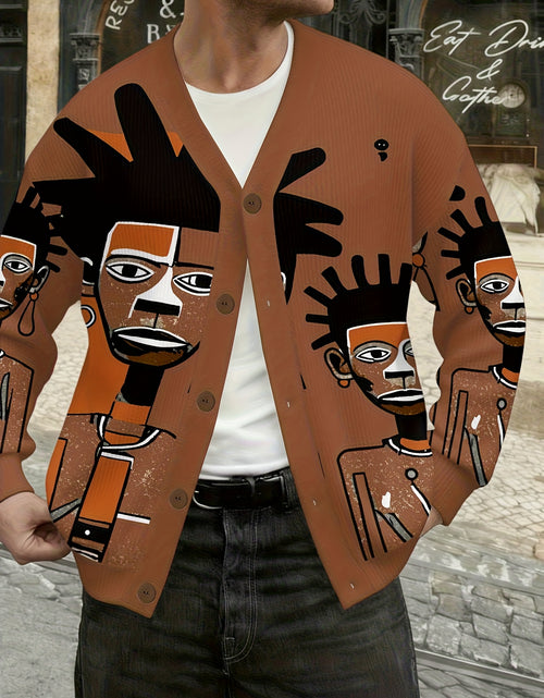 Load image into Gallery viewer, Men Fashion V-Neck Knitted Cardigan with Tribal Portrait Pattern Print, Lightweight Jacket, Casual And Warm Long Sleeves, Trendy And Versatile
