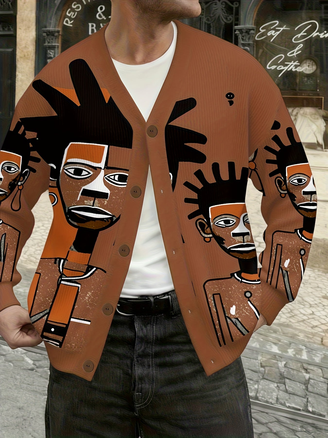Men Fashion V-Neck Knitted Cardigan with Tribal Portrait Pattern Print, Lightweight Jacket, Casual And Warm Long Sleeves, Trendy And Versatile