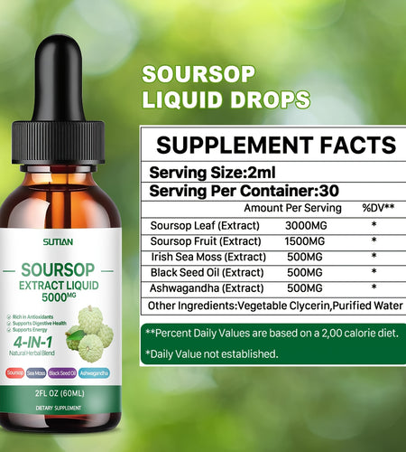 Natural Soursop Bitters Liquid Drops - Sugar-Free, Herbal Multivitamin Supplement with Soursop Oil - 2 Fl Oz, Promotes Overall Wellness and Immune System Support