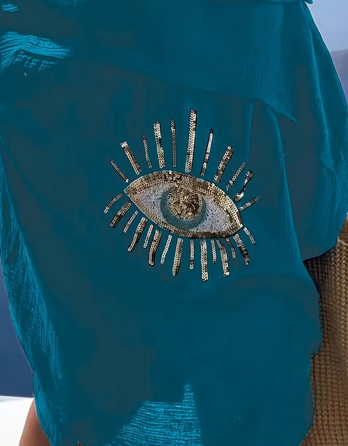 Load image into Gallery viewer, Plus Size Women&#39;s Teal Blue Beach Cardigan - Long Sleeve, Loose Fit, Sequin Third Eye Design, Soft Polyester Knit Fabric for Spring/Summer

