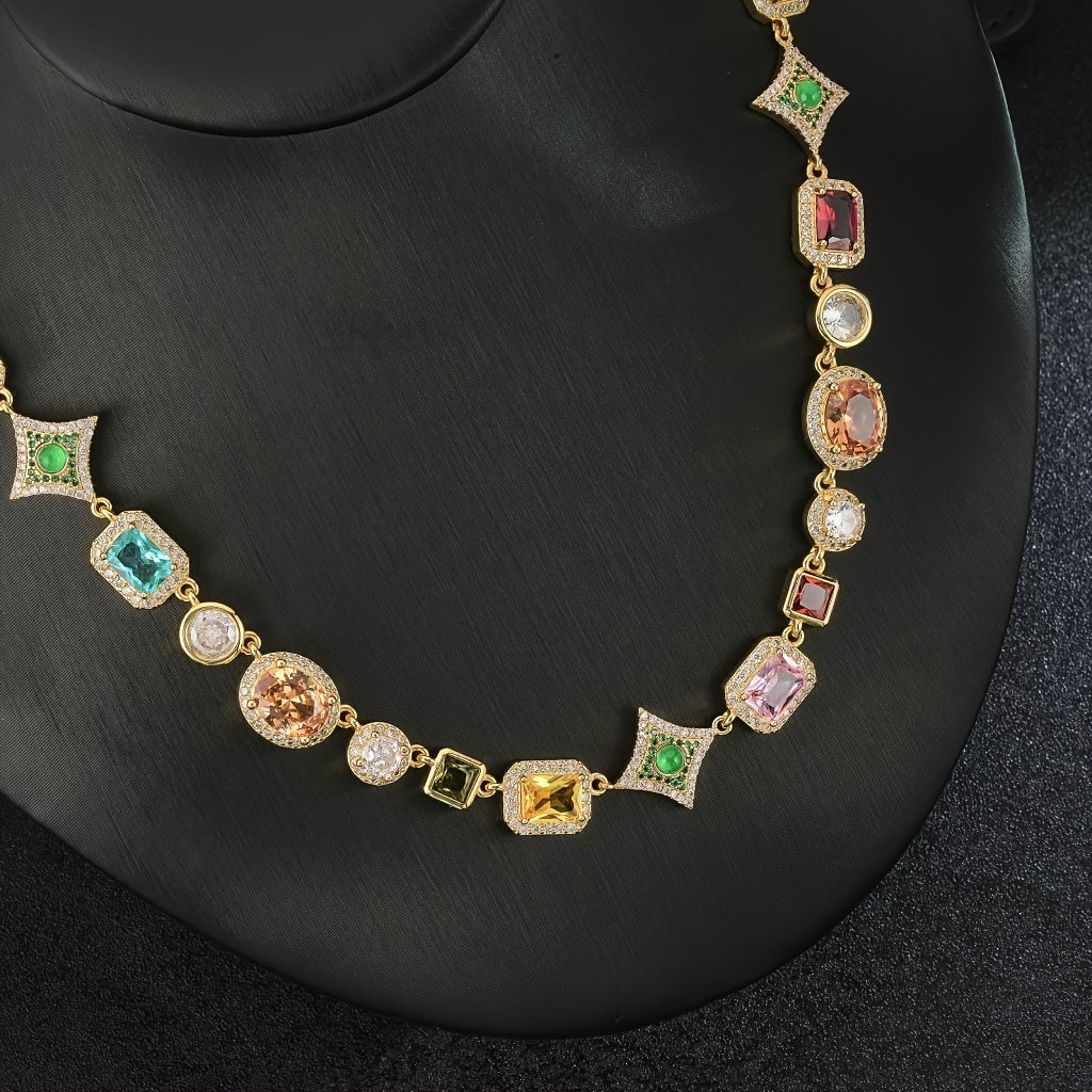 [18K Golden Chain Necklace]  18K Golden Plated Copper Chain Necklace | Glamorous, Hip Hop Style, 45cm + 5cm Extendable | Synthetic Colorful Faux Gemstones, 4-Prong Setting, with Synthetic Zirconia