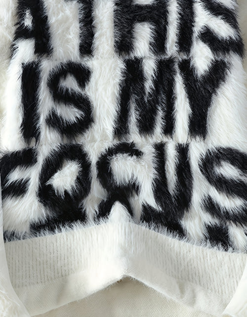 Load image into Gallery viewer, Men&#39;s Thick Fuzzy Sweater with Fleece &amp; &quot;THIS IS MY FOCUS&quot; Letter Print - White/Black Winter Warm Coat Jacket-like Collar, Loose Fit Round Neck Pullover for Casual &amp; Wear (No-Sew Design)
