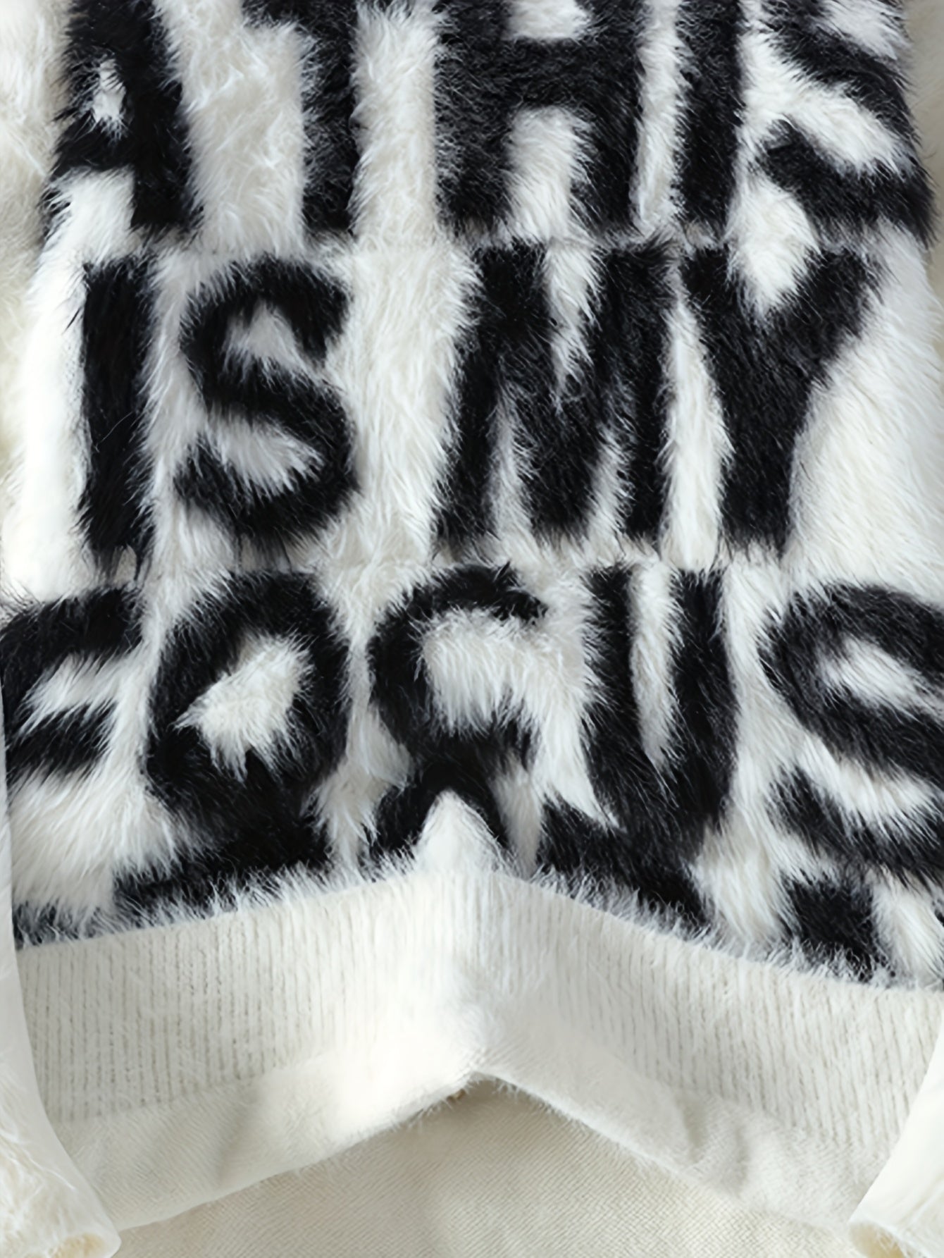 Men's Thick Fuzzy Sweater with Fleece & "THIS IS MY FOCUS" Letter Print - White/Black Winter Warm Coat Jacket-like Collar, Loose Fit Round Neck Pullover for Casual & Wear (No-Sew Design)