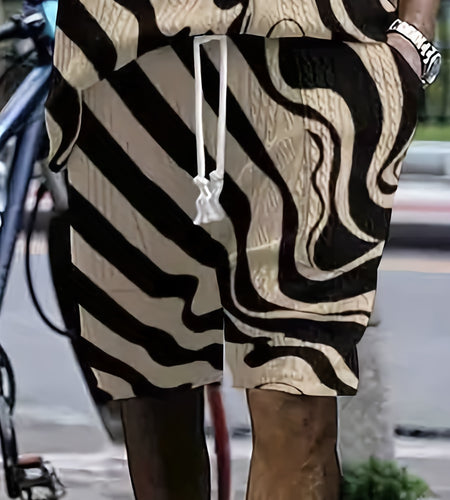 Men's Casual Jacquard V-Neck Short Sleeve Sweatshirt and Drawstring Pockets Shorts Set, Polyester Knit Fabric, Loose Fit, All-Over Print