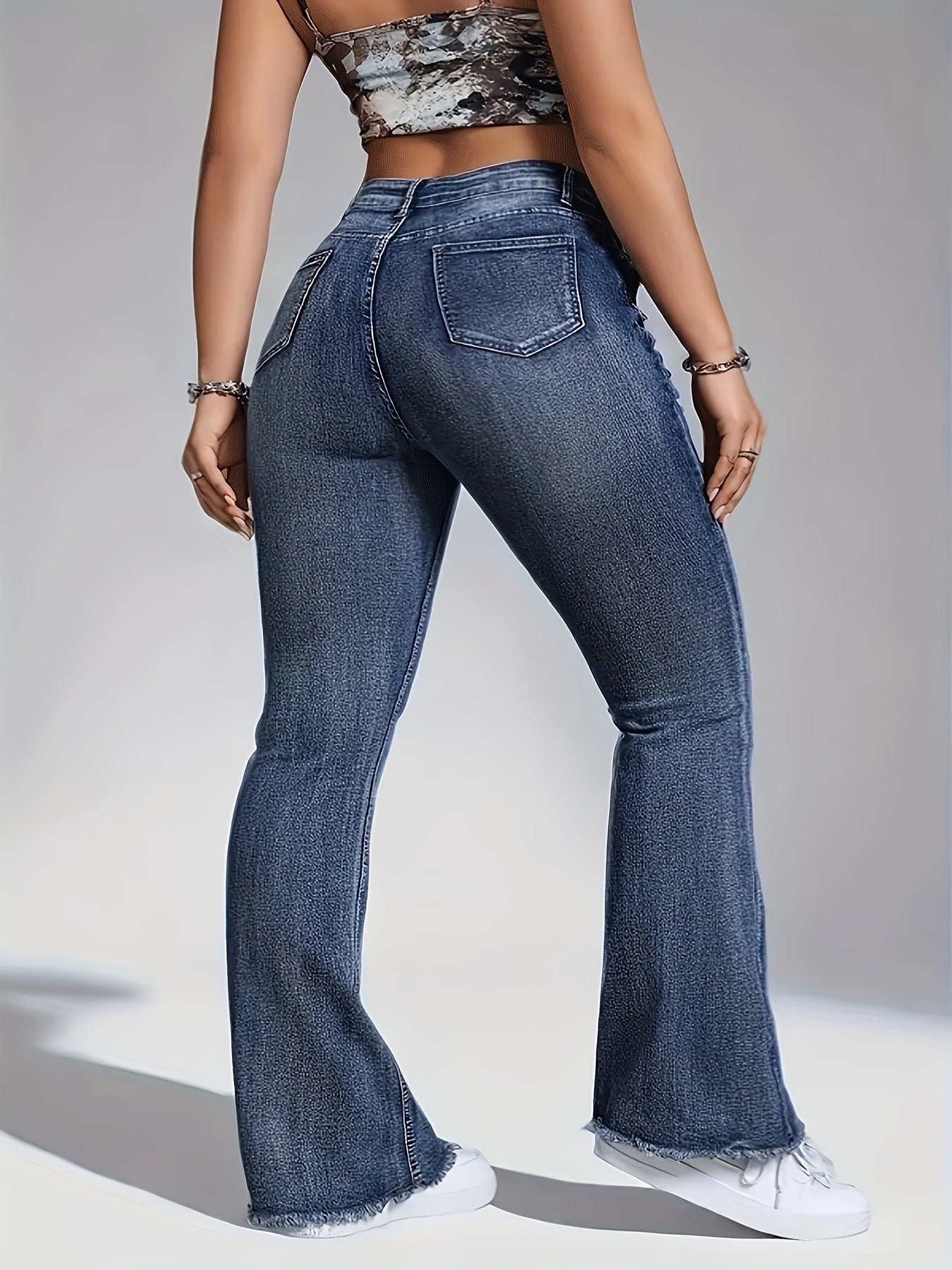 Ladies' Retro Washed Fringed Fake Waistband Design with Curved Edge And Slightly Flared Jeans