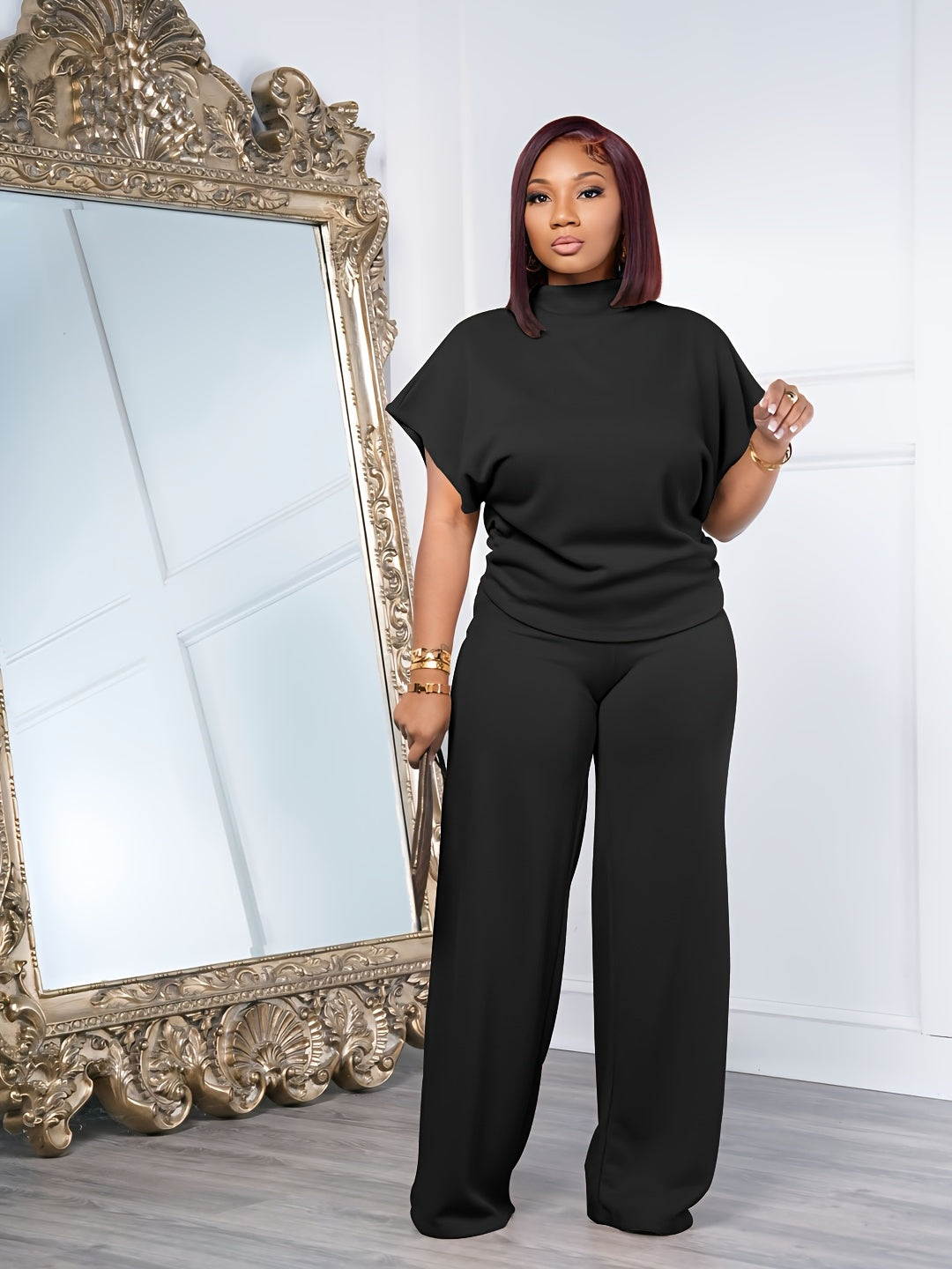 [Spring Casual Set] Two-piece Spring And Summer Casual Set | Women's Short Sleeved Semi High Neck Loose Top Wide Leg Pants Set, Casual Sports Set