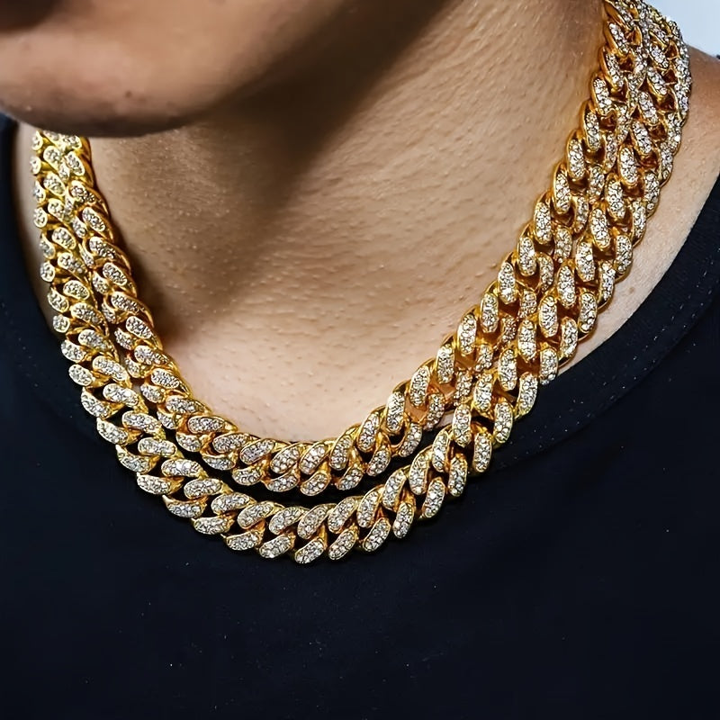 2pcs Set Necklace & Bracelet Hip Hop Style Unisex Jewelry Suit Cuban Link Chain Design Band Shiny Unisex Jewelry