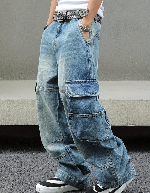 Load image into Gallery viewer, Men Vintage Washed Denim Cargo Pants - Loose Fit Wide-Leg Jeans with Multi-Pocket Storage, Distressed Details, Mid-Rise Design for Streetwear Style, Casual Outings, and All-Season Wear, Casual Attire, Flap Pockets
