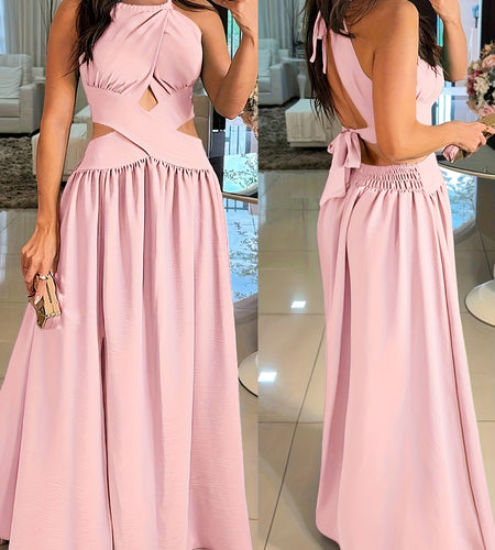 Sexy Backless Women's Evening Gown | Long Flared Skirt Formal Party Dress with Waist Cross Straps & Open Back, Round Neck Spring Summer Casual to Formal Attire