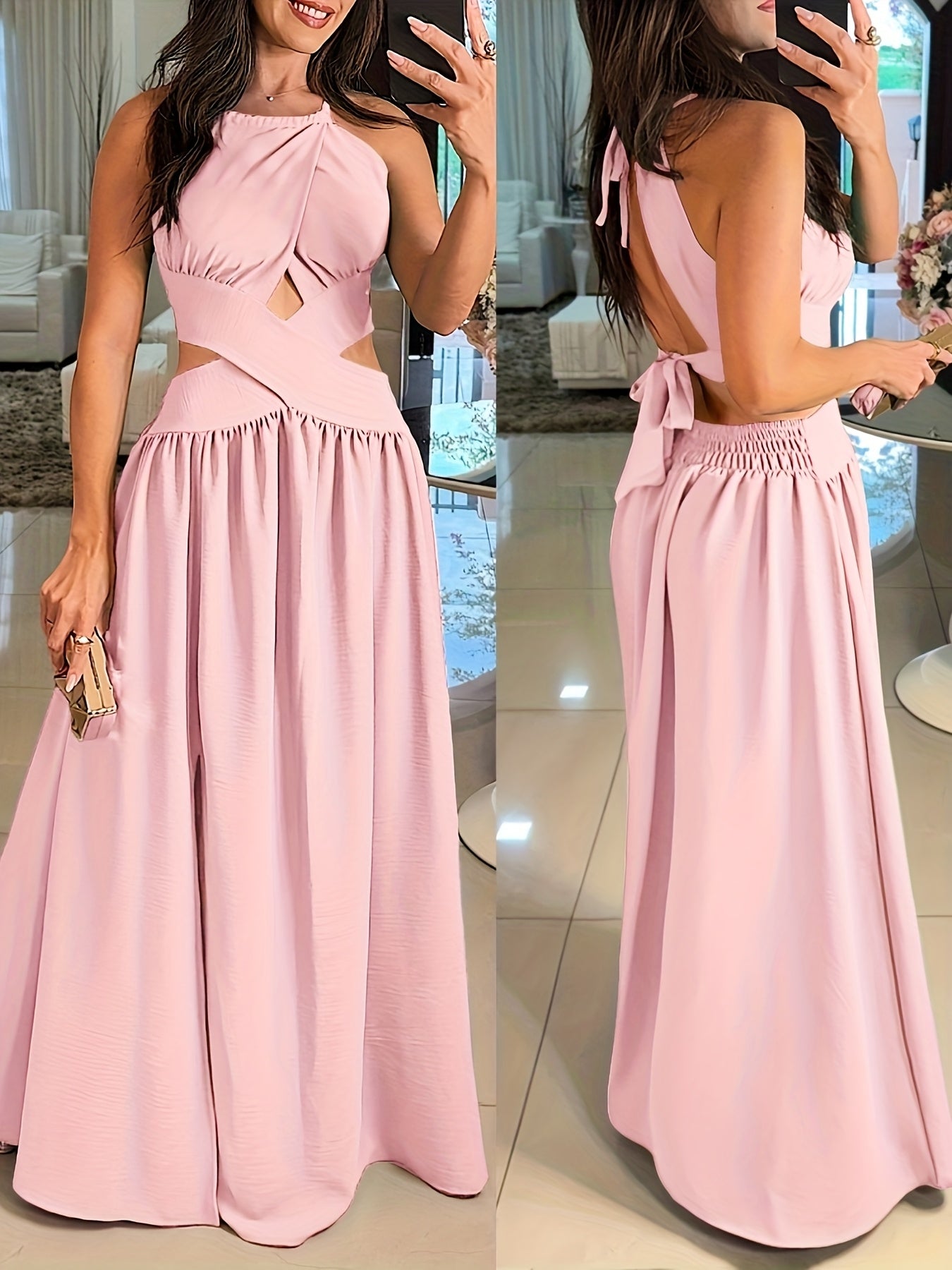 Sexy Backless Women's Evening Gown | Long Flared Skirt Formal Party Dress with Waist Cross Straps & Open Back, Round Neck Spring Summer Casual to Formal Attire