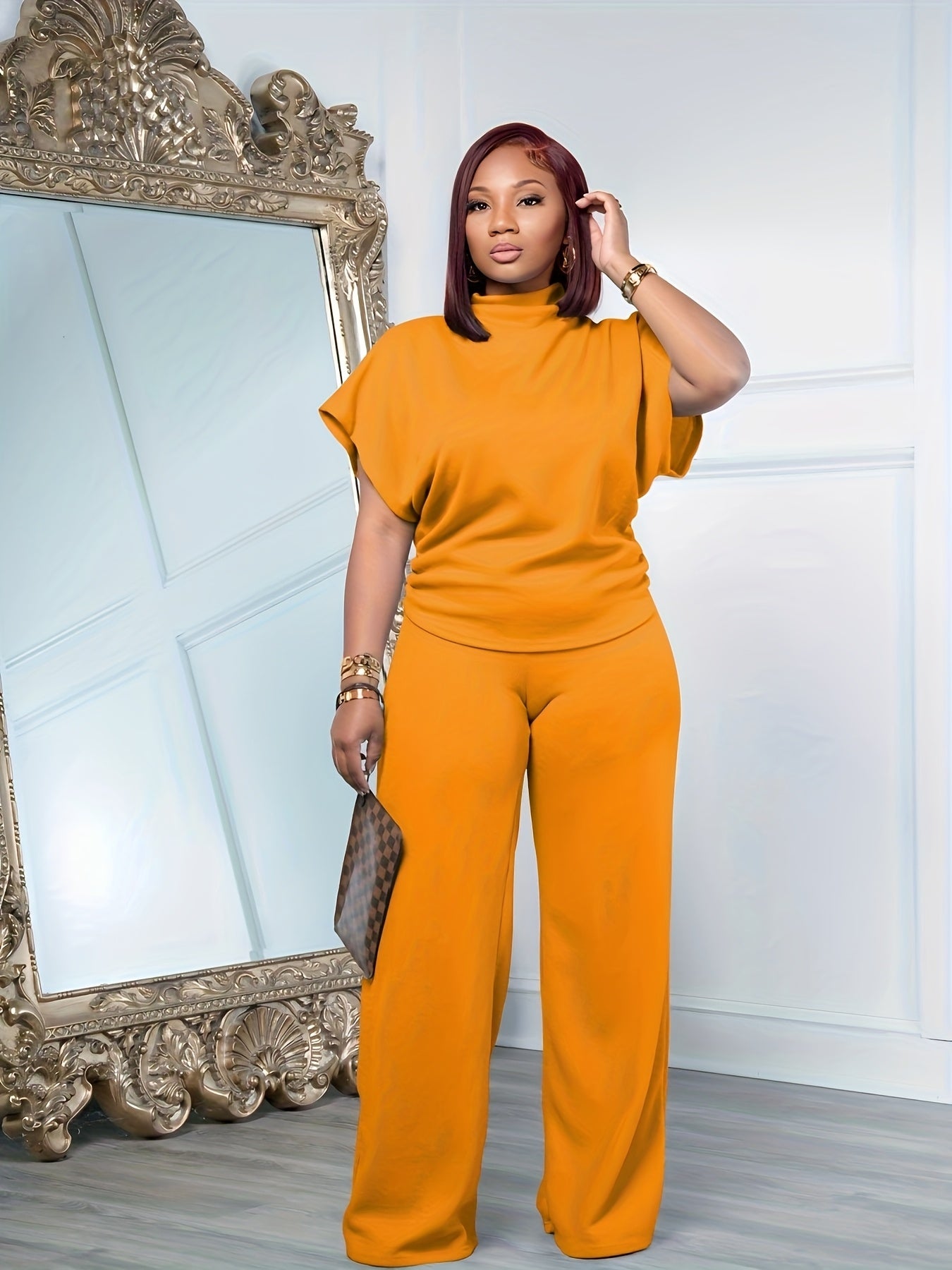 [Spring Casual Set] Two-piece Spring And Summer Casual Set | Women's Short Sleeved Semi High Neck Loose Top Wide Leg Pants Set, Casual Sports Set