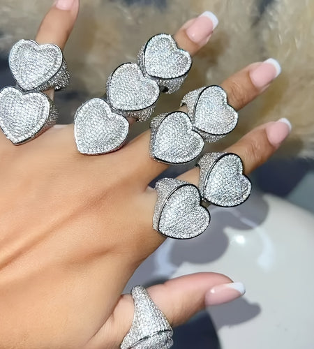 Hip-Hop Style Ring Inlaid with Sparkling Cubic Zirconia,  Heart-Shaped Ring,
