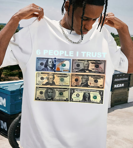 Men'S cotton 100% | hot stamping print T-shirt Men '6 People I Trust' Pattern Pure Cotton T-Shirt,  Loose Fit Round Neck Short Sleeve T-Shirt with Coin Print