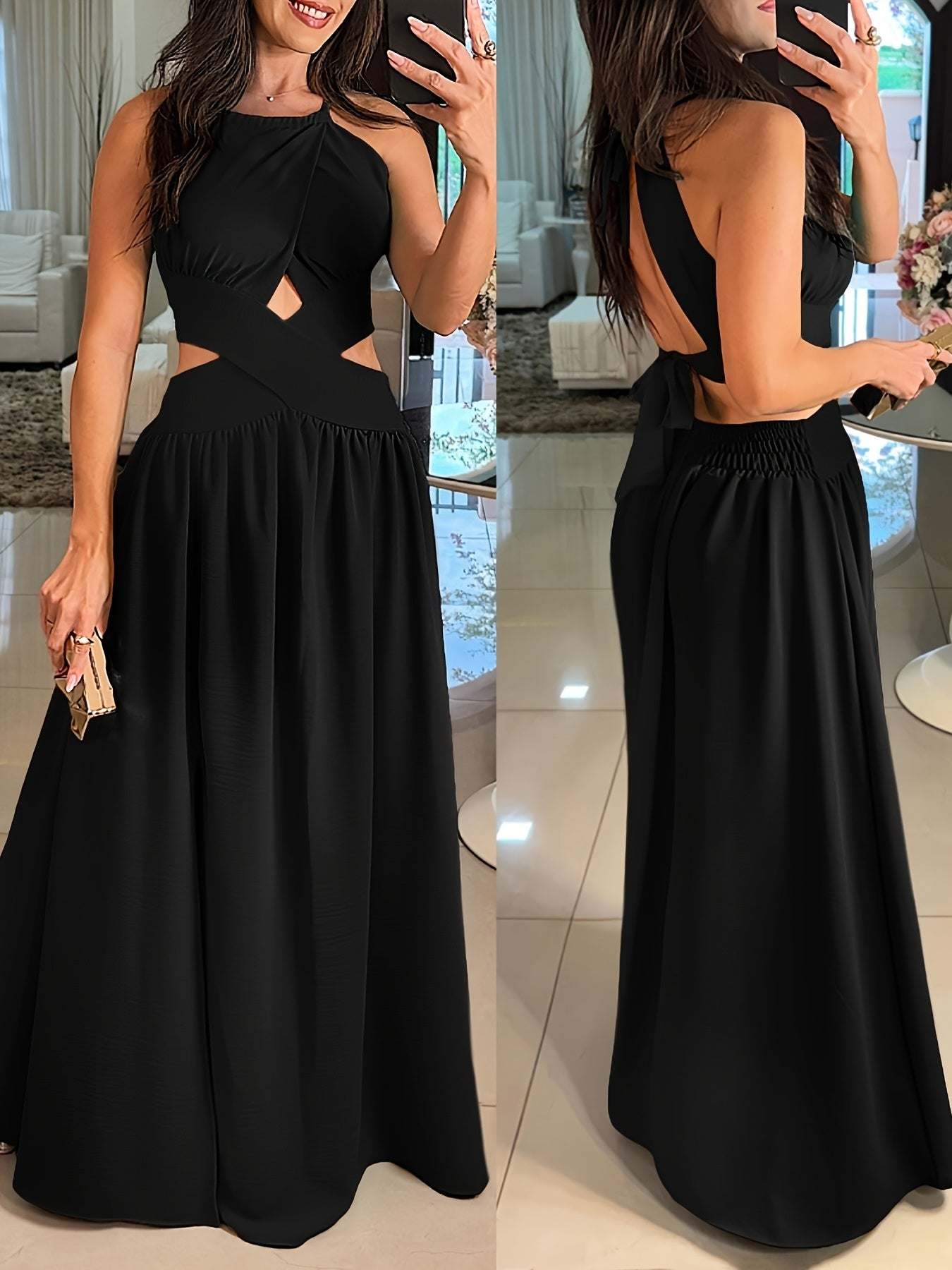 Sexy Backless Women's Evening Gown | Long Flared Skirt Formal Party Dress with Waist Cross Straps & Open Back, Round Neck Spring Summer Casual to Formal Attire