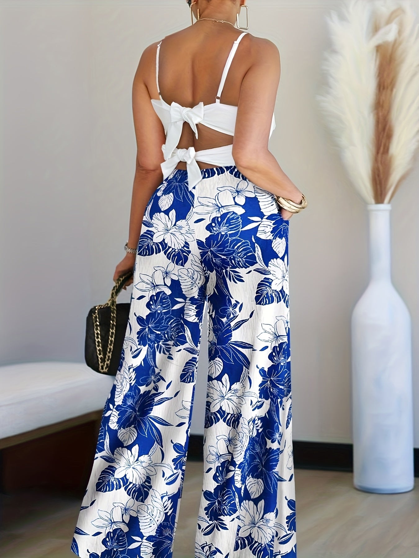 2pcs Outfit 3D Flower Decor Asymmetrical Neck Spaghetti Strap Top And Casual Floral Print Wide Leg Pants Set