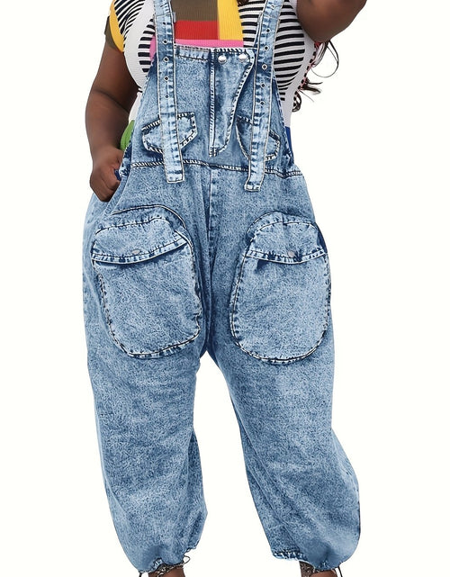 Load image into Gallery viewer, Women&#39;s High-Waisted Bib Denim Overalls Jumpsuit - Loose Wide-Leg Jeans with Cargo Pockets, Adjustable Straps &amp; Metal Buckles, 98% Cotton, Machine Washable for Casual Streetwear
