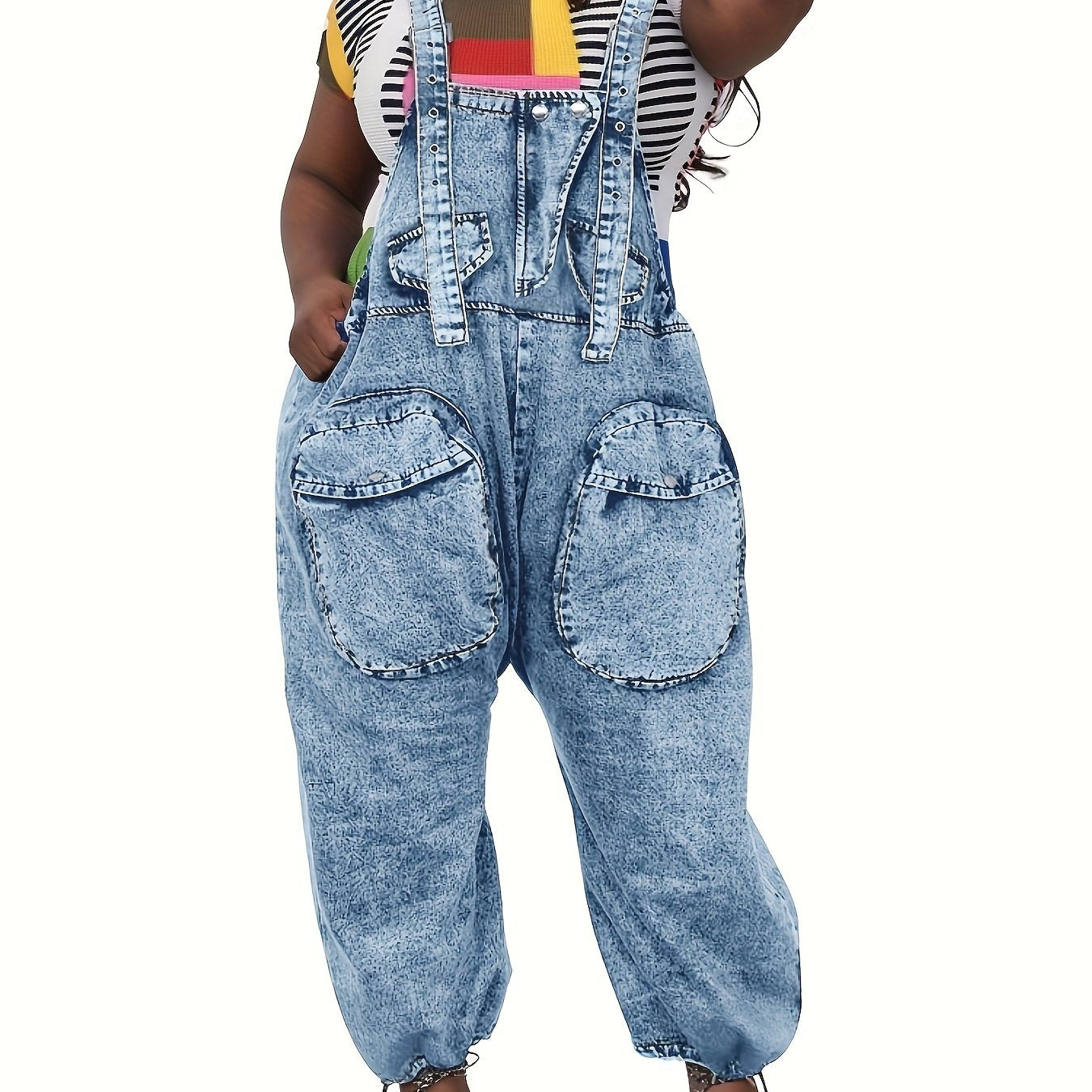 Women's High-Waisted Bib Denim Overalls Jumpsuit - Loose Wide-Leg Jeans with Cargo Pockets, Adjustable Straps & Metal Buckles, 98% Cotton, Machine Washable for Casual Streetwear
