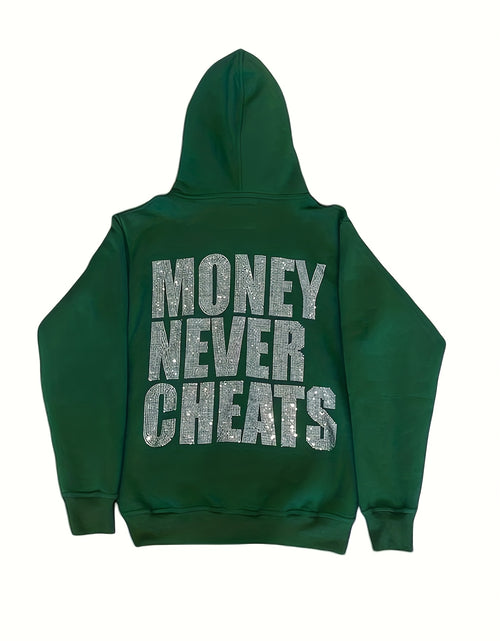 Load image into Gallery viewer, Women&#39;s Y2K  Hoodie with &quot;MONEY NEVER CHEATS&quot; Rhinestone Lettering - Emerald Green Zip-Up Sweatshirt, Front &amp; Back Sparkling Diamond Print, Machine Washable Regular Fit, All season Sweatshirt
