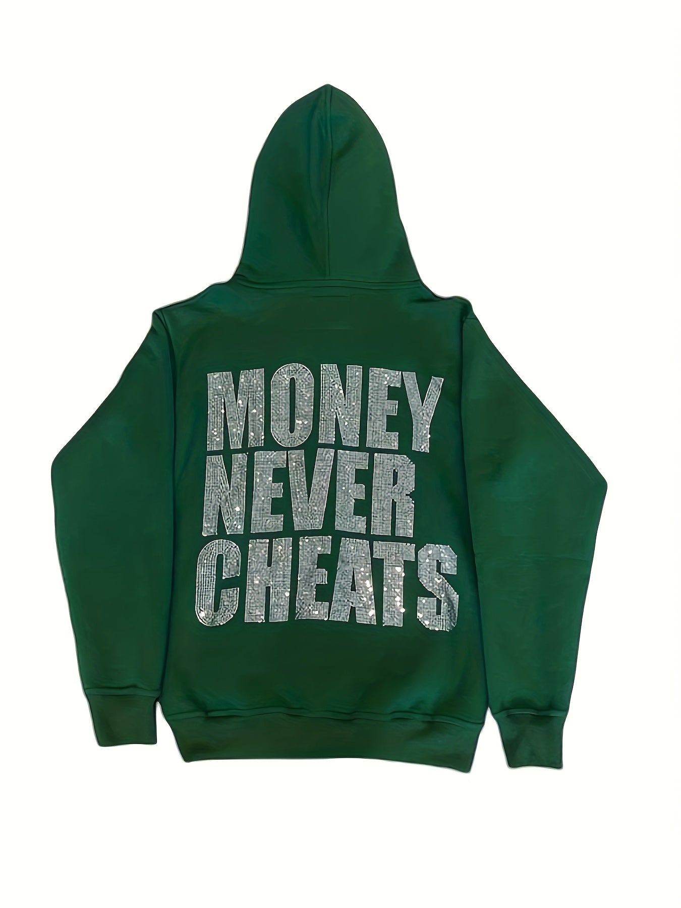 Women's Y2K  Hoodie with "MONEY NEVER CHEATS" Rhinestone Lettering - Emerald Green Zip-Up Sweatshirt, Front & Back Sparkling Diamond Print, Machine Washable Regular Fit, All season Sweatshirt