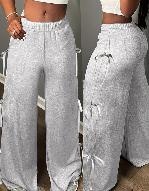 Load image into Gallery viewer, Plus Size, Women&#39;s Elegant Side Bow Tie Straps &amp; Back Pockets Stretchy Loose Straight Leg Pants - Comfortable Elastic Waistband, Machine Washable, Spring Summer Fall Casual Outing Trousers, Seasonal Fashion, Durable Clothing
