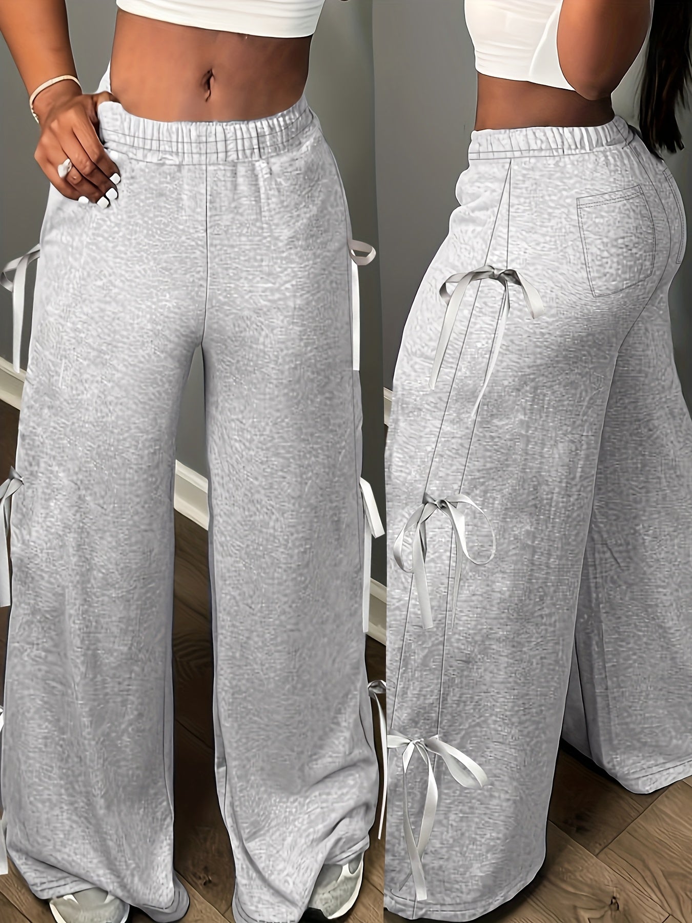 Plus Size, Women's Elegant Side Bow Tie Straps & Back Pockets Stretchy Loose Straight Leg Pants - Comfortable Elastic Waistband, Machine Washable, Spring Summer Fall Casual Outing Trousers, Seasonal Fashion, Durable Clothing