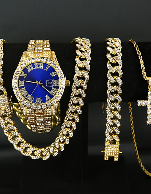 Load image into Gallery viewer, [4 Pieces Men&#39;s Watch Set] Set Of 4 Pieces, Men&#39;s Watch Set, Men&#39;s Cuban Necklace Bracelet Set, Men&#39;s And Women&#39;s Jewelry
