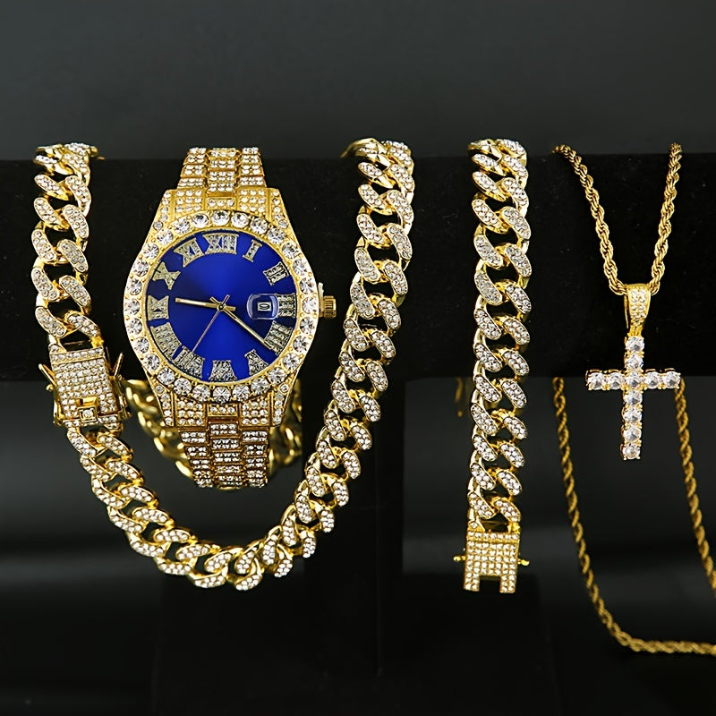 [4 Pieces Men's Watch Set] Set Of 4 Pieces, Men's Watch Set, Men's Cuban Necklace Bracelet Set, Men's And Women's Jewelry