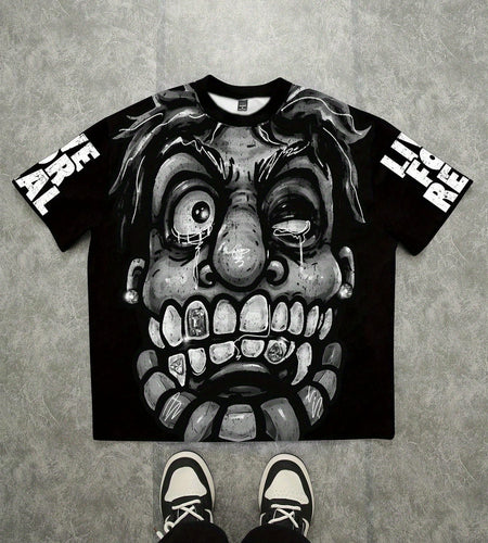 [Funny Face Graphic Tee] Funny Face Print Graphic T-Shirt | Men's Loose Streetwear Tee Shirts