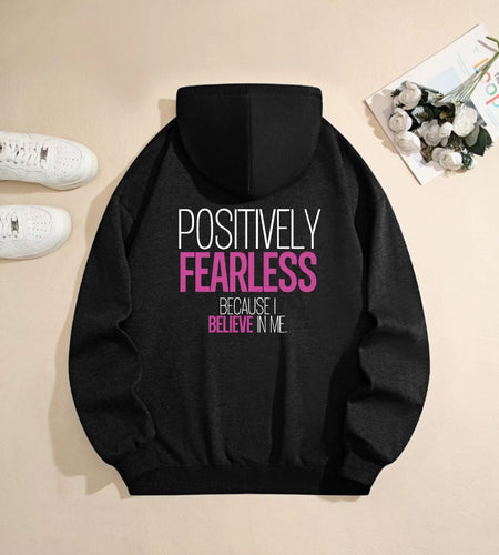 Women's "Positively Fearless" Motivational Print Hoodie - Black with Pink Lettering, Loose Fit Casual Pullover, Long Sleeve Hooded Sweatshirt with Pockets, Durable Fabric
