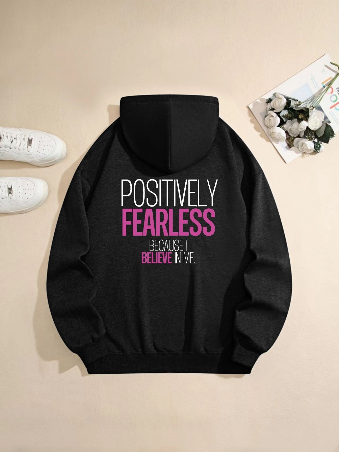 Women's "Positively Fearless" Motivational Print Hoodie - Black with Pink Lettering, Loose Fit Casual Pullover, Long Sleeve Hooded Sweatshirt with Pockets, Durable Fabric