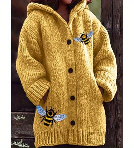 Plus Size - Women Cozy Yellow Hooded Cardigan with Bee Embroidery - Thick, Warm Sweater for Fall & Winter, Casual V-Neck Design with Black Buttons, Long Sleeves, and Pockets, Winter Cardigan