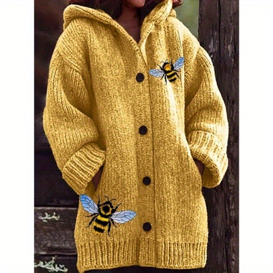 Plus Size - Women Cozy Yellow Hooded Cardigan with Bee Embroidery - Thick, Warm Sweater for Fall & Winter, Casual V-Neck Design with Black Buttons, Long Sleeves, and Pockets, Winter Cardigan