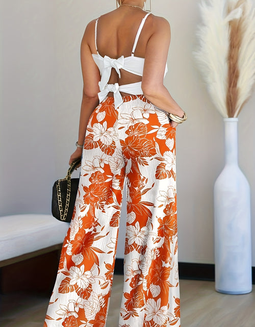 Load image into Gallery viewer, 2pcs Outfit 3D Flower Decor Asymmetrical Neck Spaghetti Strap Top And Casual Floral Print Wide Leg Pants Set
