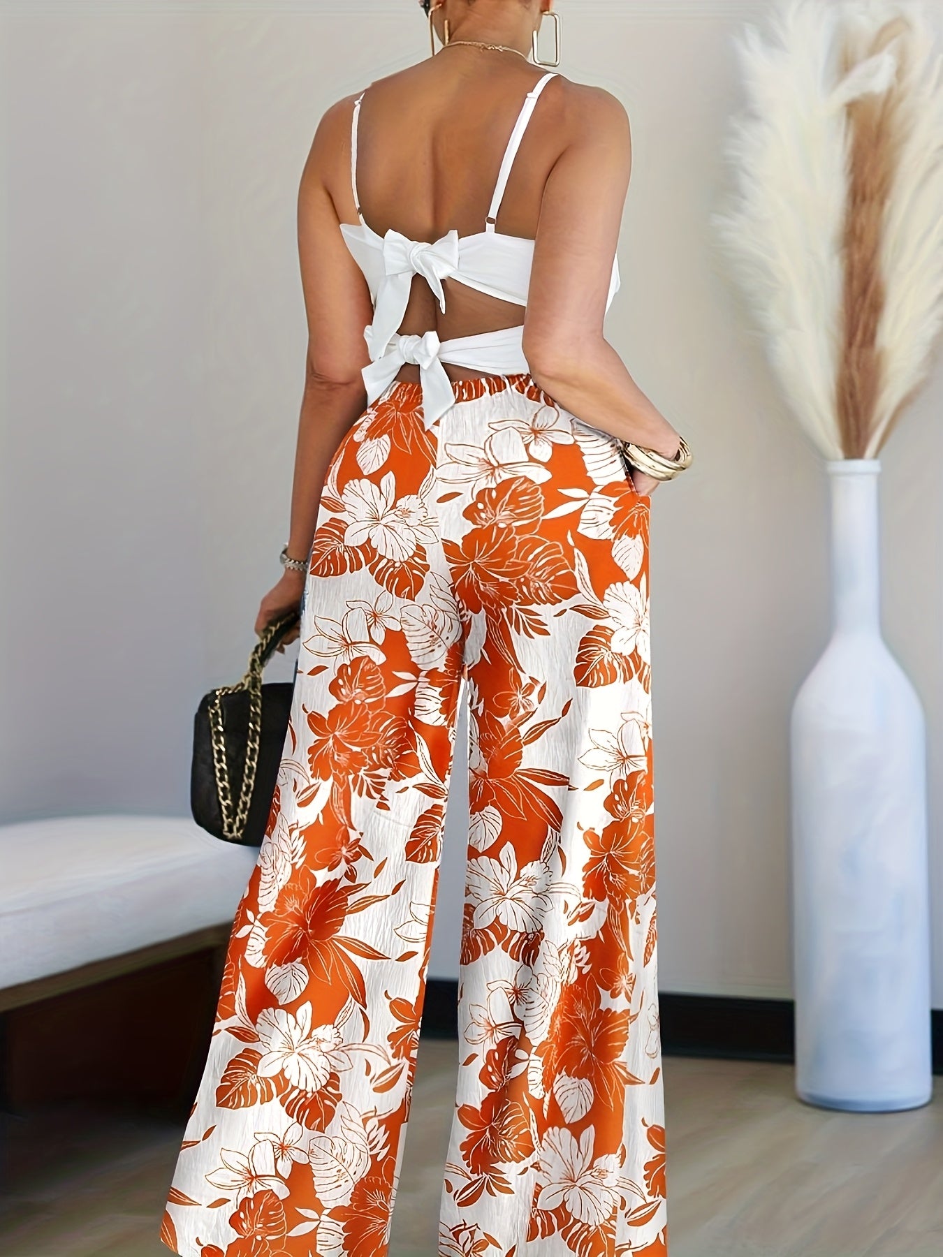2pcs Outfit 3D Flower Decor Asymmetrical Neck Spaghetti Strap Top And Casual Floral Print Wide Leg Pants Set