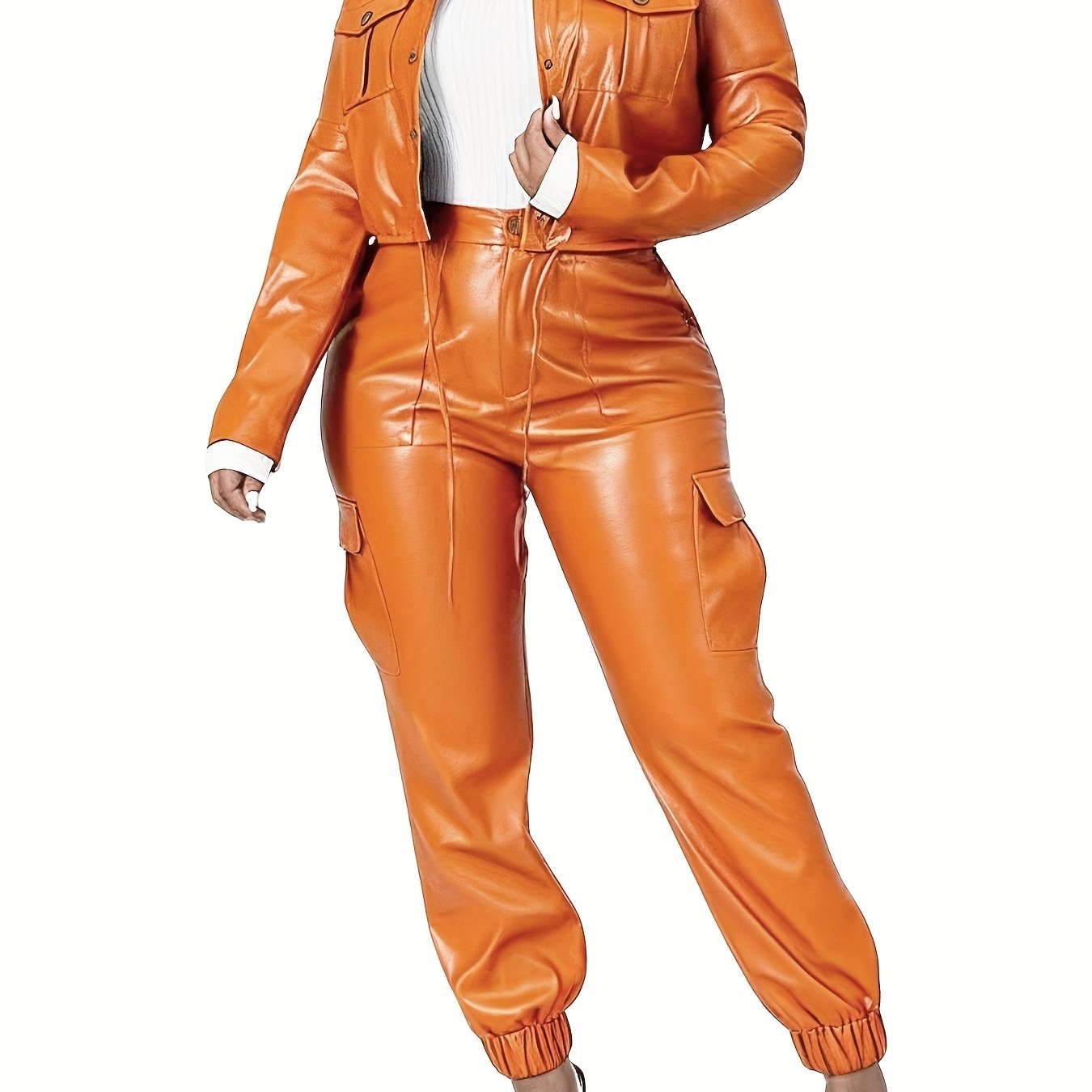 Fashionable Orange Retro Sexy High-end Slim-fit Stylish Top And Long Pants with Pockets