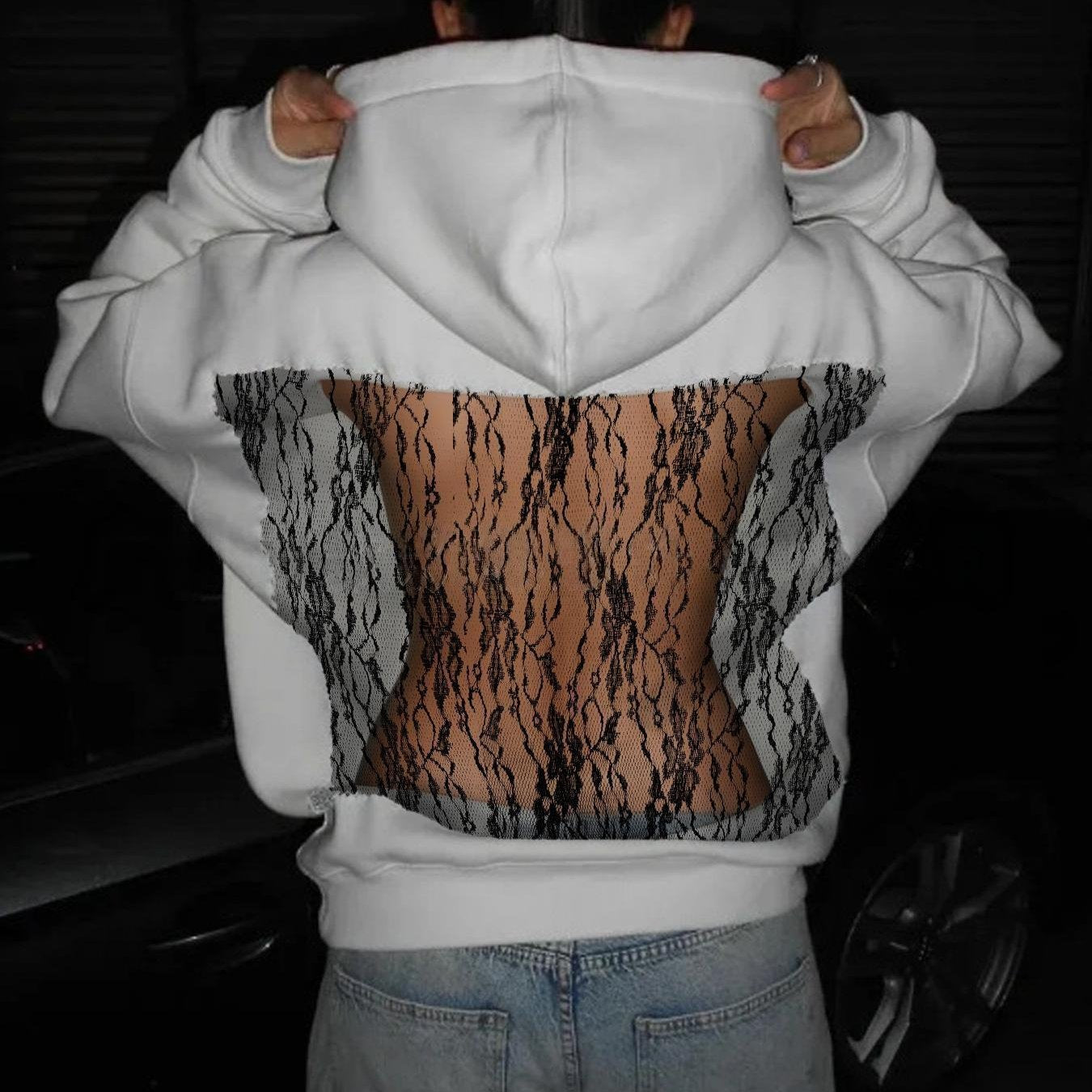 Women's Solid Color Open Back Mesh Hooded Sweatshirt - Long Fall Nightclub Sweater with, Semi-Sheer Elegant Sweaters for Parties & Casual Wear, Dress Length (Hand Wash Care)