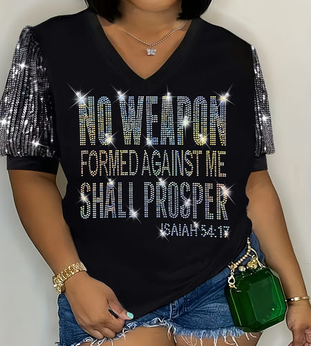 Sequin Craft "NO WEAPON FORMED" Colorful Silver Sequin Printed Plus-Size Women T-Shirt, Casual Patchwork