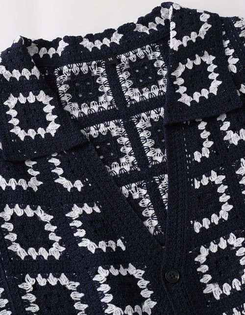 Load image into Gallery viewer, Men&#39;s Geometric Crochet Cardigan - Black &amp; White Contrast Short Sleeve Open Front Button Detail, Relaxed Fit Casual All-Season Knit Sweater, Versatile Fashion, Classic Turndown Collar, Elegant Button Closure
