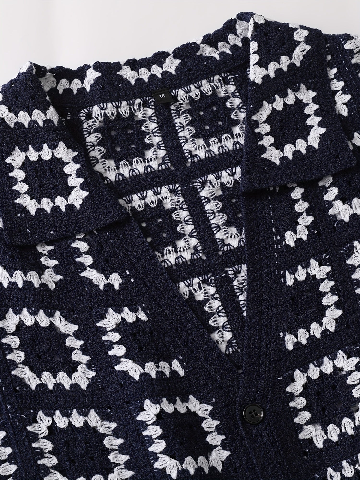 Men's Geometric Crochet Cardigan - Black & White Contrast Short Sleeve Open Front Button Detail, Relaxed Fit Casual All-Season Knit Sweater, Versatile Fashion, Classic Turndown Collar, Elegant Button Closure