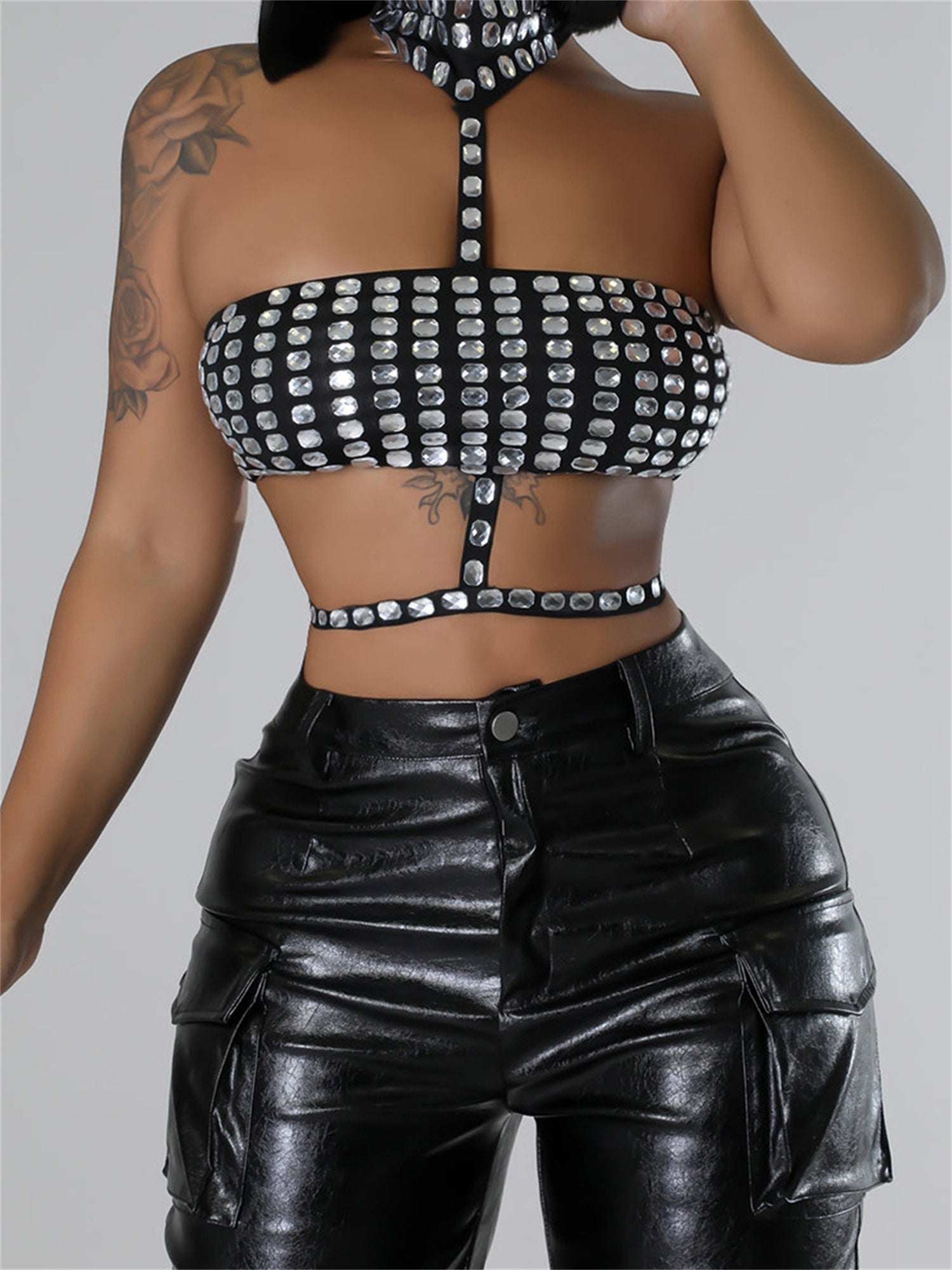 Women'S Halter Tank Tops Shiny Rhinestone Sleeveless Back Tie-up Vest Slim Fit Crop Streetwear
