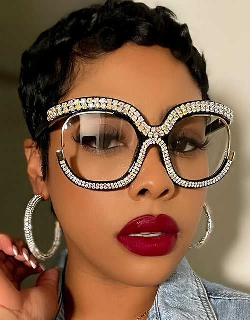 Load image into Gallery viewer, Women&#39;s Owl-Shaped Crystal Embellished Blue Light Blocking Glasses Non-Prescription Fashionable Rimless Spectacles with Portable Case
