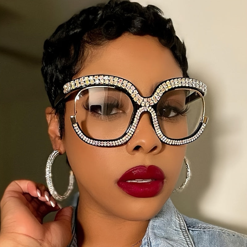 Women's Owl-Shaped Crystal Embellished Blue Light Blocking Glasses Non-Prescription Fashionable Rimless Spectacles with Portable Case